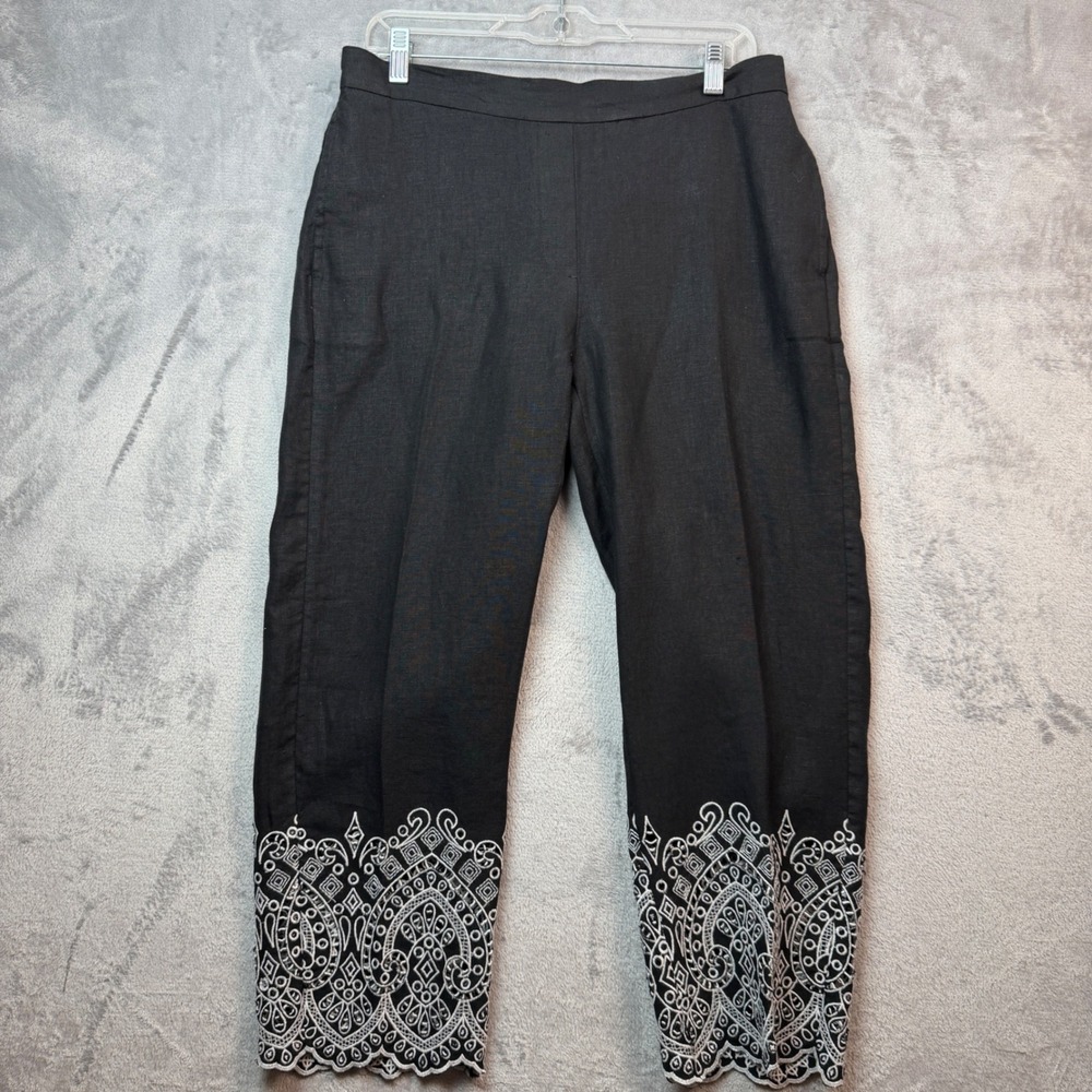 Chicos Pants Womens 0.5 US 6 Black Linen Embroidered Hem Crop Pull On 570345250